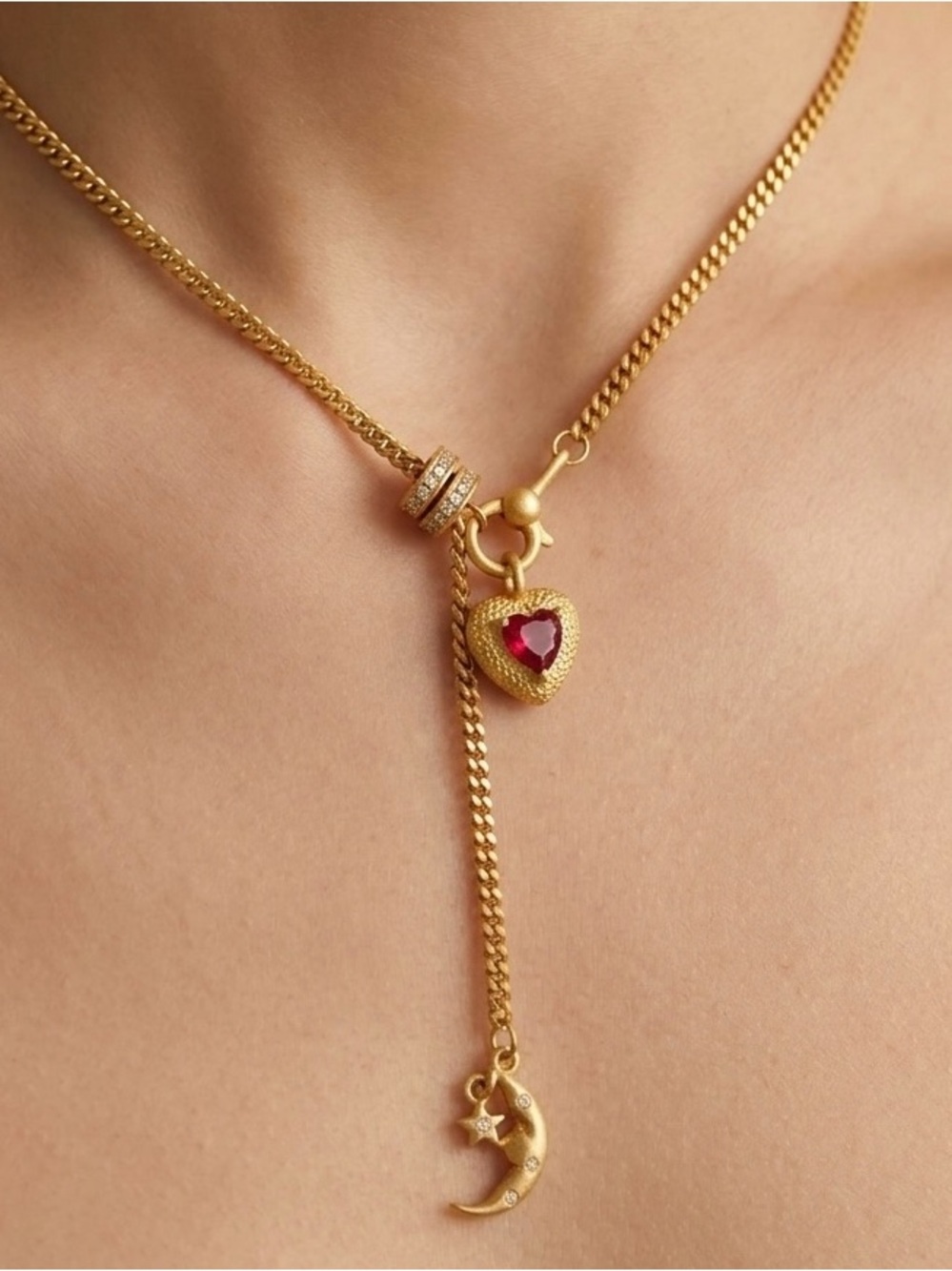 Gold Heart & Moon Pendant Necklace with Red Crystal Accent